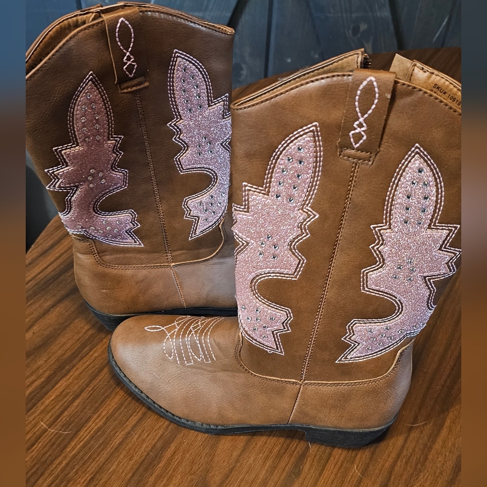 Brown and Pink Kids Western Boots